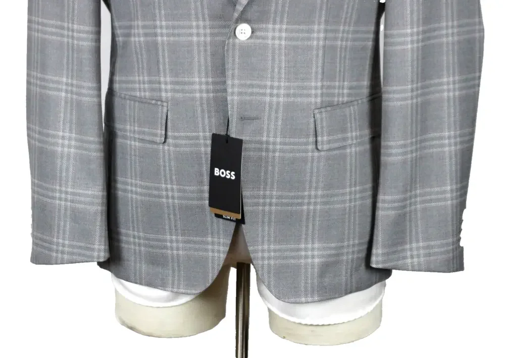 Hugo Boss Hutson Sport Coat 36 R Mens Slim fit Grey Plaid Wool Two Button 46 EU